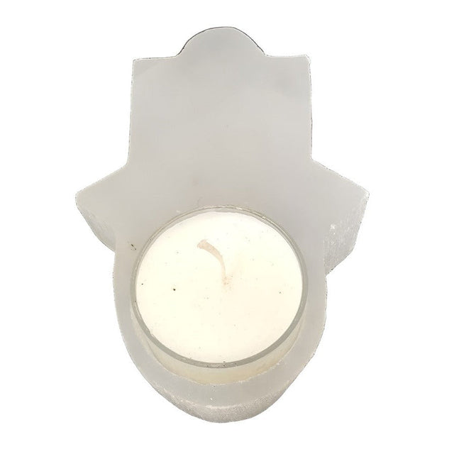 4.5" Selenite Hamsa Hand Tealight Candle Holder - Magick Magick.com