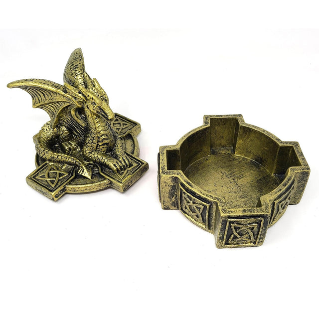 5" Celtic Guarding Dragon Antique Golden Polish Poly Resin Box - Magick Magick.com