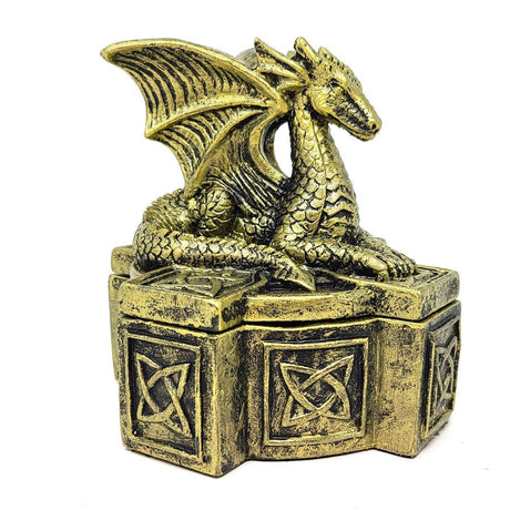 5" Celtic Guarding Dragon Antique Golden Polish Poly Resin Box - Magick Magick.com