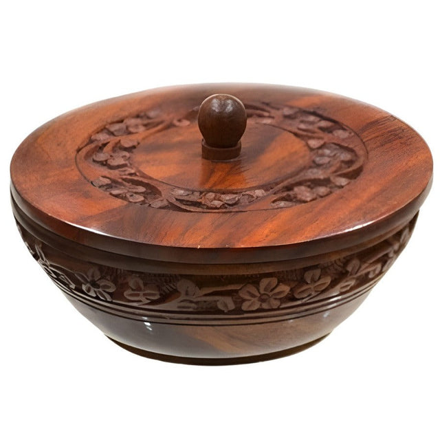 5" Floral Carved Wooden Bowl with Lid / Box - Magick Magick.com