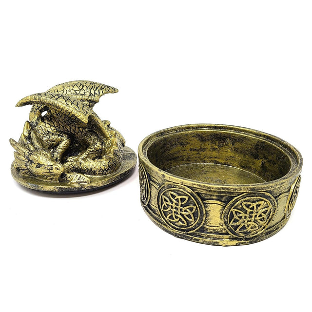 5" Resting Dragon Antique Golden Polish Poly Resin Box - Magick Magick.com