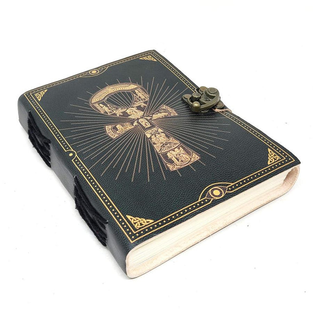 5" x 7" Ankh Print on Black Leather Blank Book with Latch - Magick Magick.com