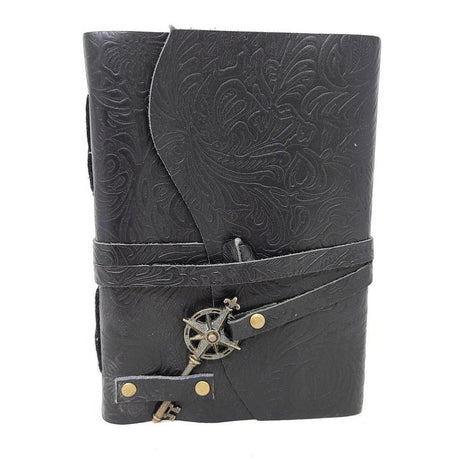 5 x 7" Floral Black Soft Leather Blank Book with Key Cord - Magick Magick.com