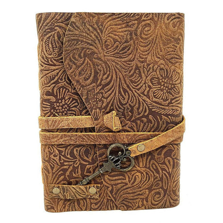 5 x 7" Floral Brown Soft Leather Blank Book with Key Cord - Magick Magick.com