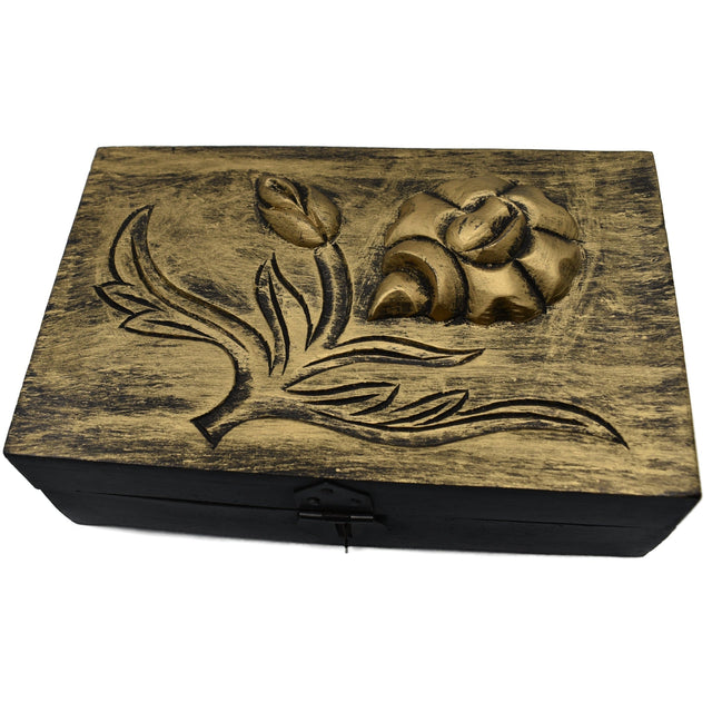 5" x 8" Golden Rose Carved Antique Finish Wood Box - Magick Magick.com