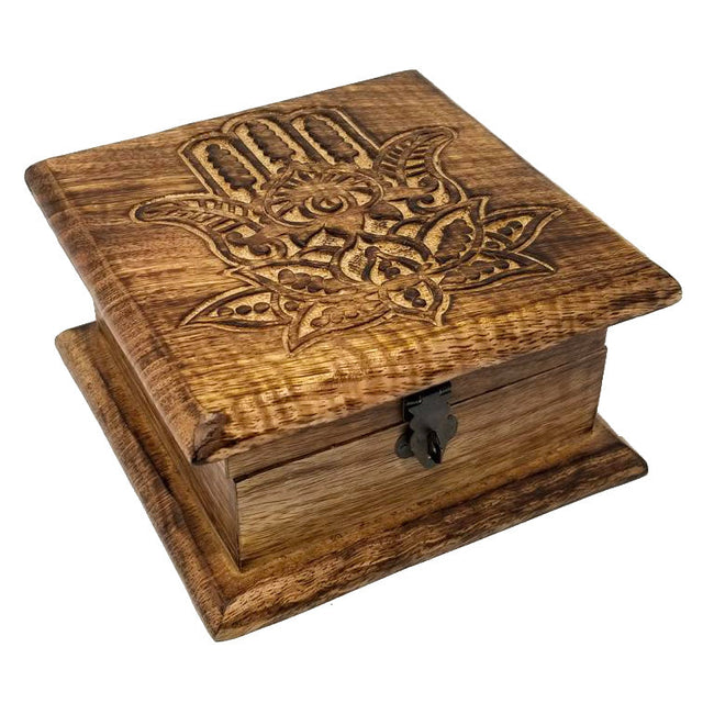 6" Carved Wood Box - Lotus Hamsa Hand - Magick Magick.com