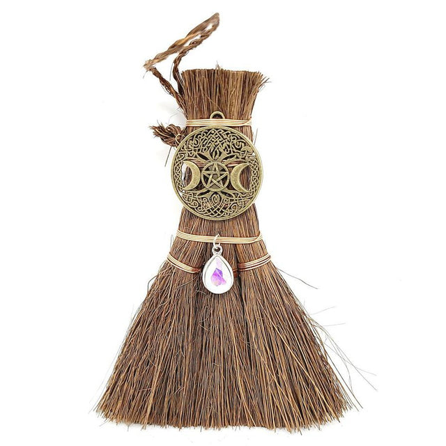 6" Wicca Broom - Triple Moon Pentacle with Amethyst - Magick Magick.com