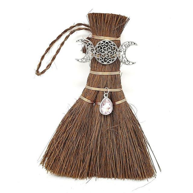 6" Wicca Broom - Triple Moon with Rose Quartz - Magick Magick.com