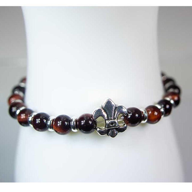 6 mm Elastic Bracelet Round Beads - Dark Red Agate with Fleur De Lis - Magick Magick.com