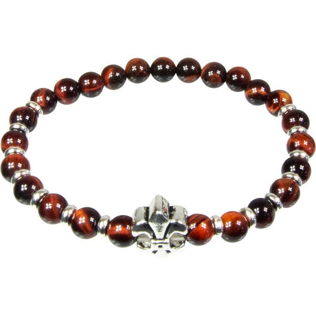 6 mm Elastic Bracelet Round Beads - Dark Red Agate with Fleur De Lis - Magick Magick.com