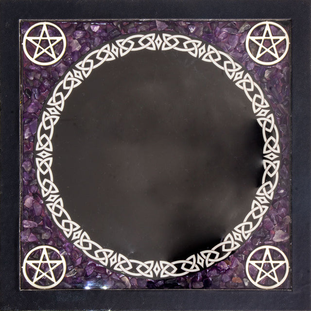 6.5" Glass Scrying Mirror with Amethyst Chips - Magick Magick.com