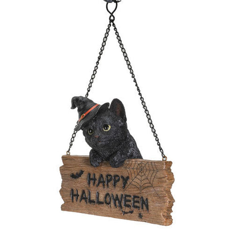 7" Black Cat with Happy Halloween Sign Hanging - Magick Magick.com