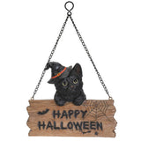 7" Black Cat with Happy Halloween Sign Hanging - Magick Magick.com