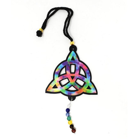 7" Hanging Wooden Triquetra with Chakra Beads - Magick Magick.com