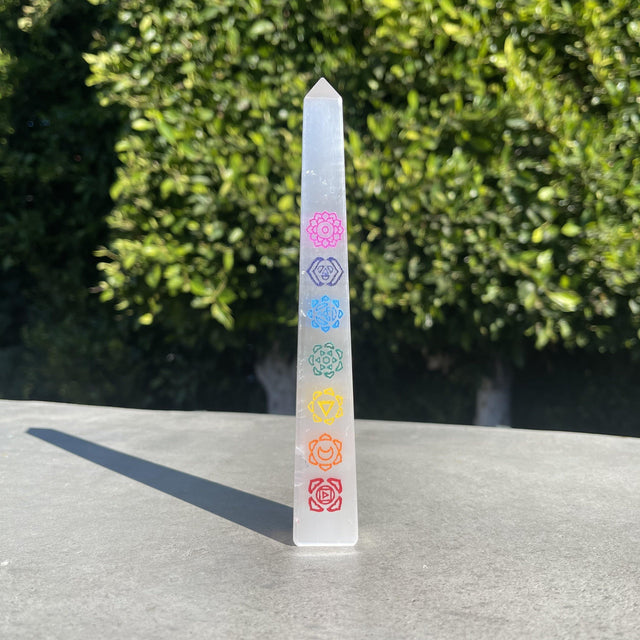 7" Selenite 7 Chakra Colorful Obelisk Tower - Magick Magick.com