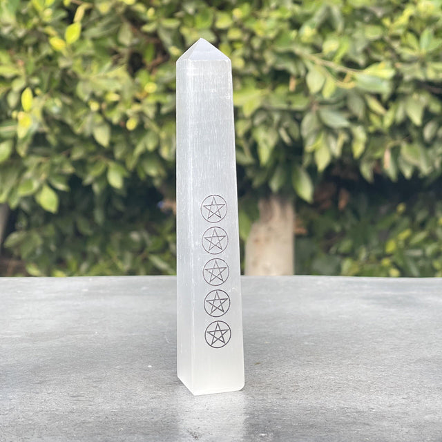 7" Selenite Pentagram Obelisk Tower - Magick Magick.com