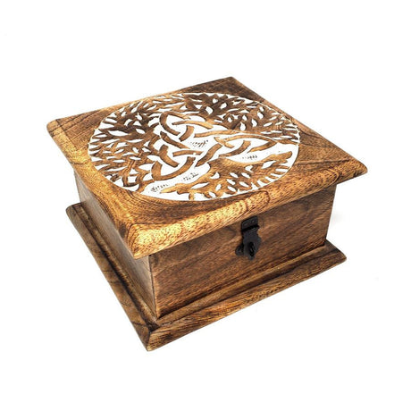 7" x 7" Carved Wood Box - Triquetra Tree of Life - Magick Magick.com