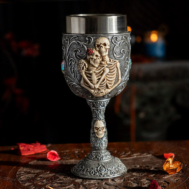 7.25" Resin & Stainless Steel Chalice / Goblet - Skeleton Couple - Magick Magick.com