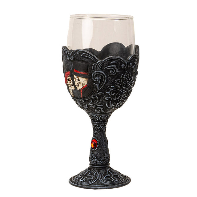 8" Glass Chalice / Goblet - Love Never Dies Skeleton Couple - Magick Magick.com