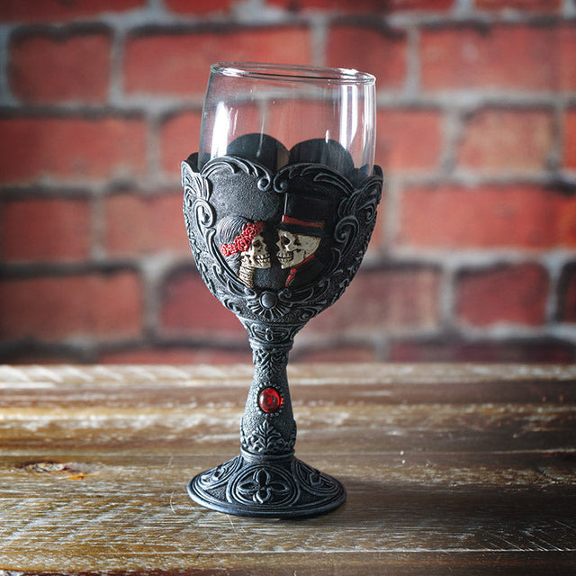 8" Glass Chalice / Goblet - Love Never Dies Skeleton Couple - Magick Magick.com