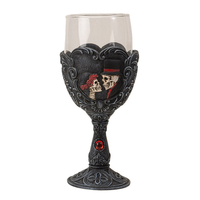 8" Glass Chalice / Goblet - Love Never Dies Skeleton Couple - Magick Magick.com