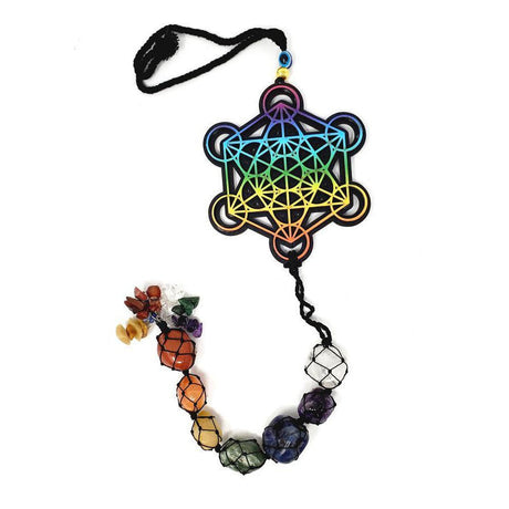 8" Hanging Wooden Metatron Tie Dye with Chakra Tumbles Hanging Decor - Magick Magick.com