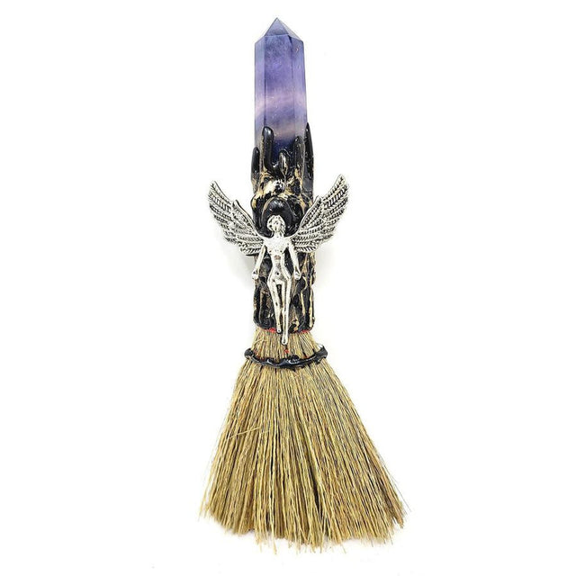 8" Wicca Gemstone Broom - Amethyst with Silver Angel - Magick Magick.com