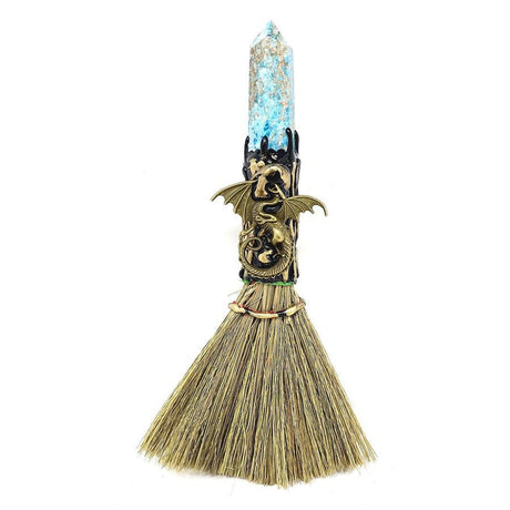 8" Wicca Gemstone Broom - Blue Apatite with Gold Dragon - Magick Magick.com