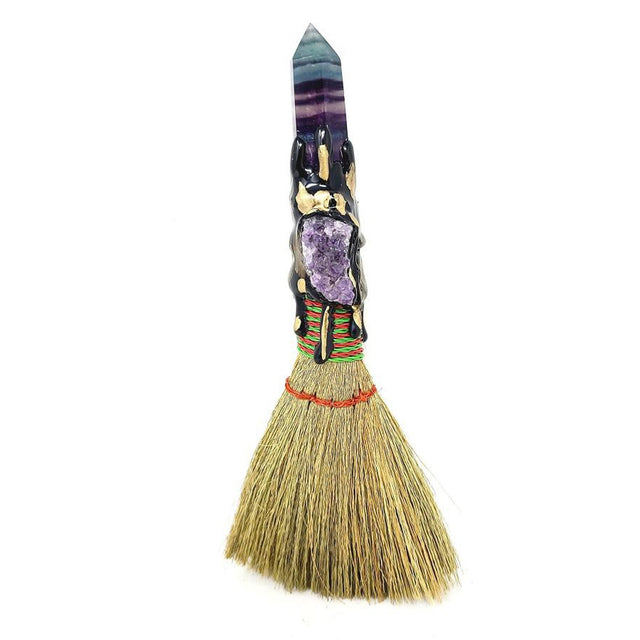 8" Wicca Gemstone Broom - Rainbow Fluorite with Rough Amethyst - Magick Magick.com