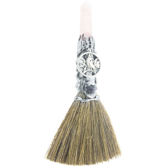 8" Wicca Gemstone Broom - Rose Quartz with Silver Raven - Magick Magick.com