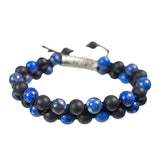 8 mm Adjustable Bracelet Round Beads - Double Row - Lapis & Matte Black Agate with Fleur De Lis - Magick Magick.com