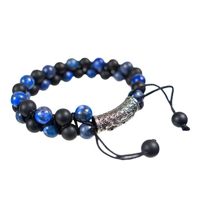 8 mm Adjustable Bracelet Round Beads - Double Row - Lapis & Matte Black Agate with Fleur De Lis - Magick Magick.com