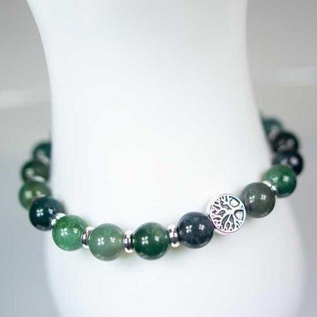 8 mm Adjustable Bracelet Round Beads - Moss Agate with Tree of Life & Rondelles - Magick Magick.com