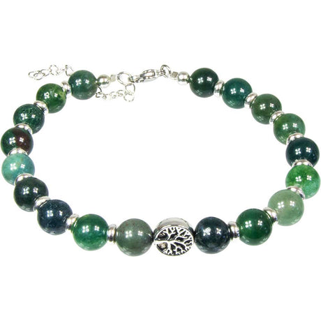 8 mm Adjustable Bracelet Round Beads - Moss Agate with Tree of Life & Rondelles - Magick Magick.com