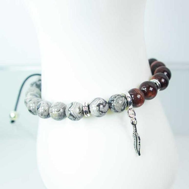 8 mm Adjustable Bracelet Round Beads - Red Tiger Eye & Jasper with Feather - Magick Magick.com