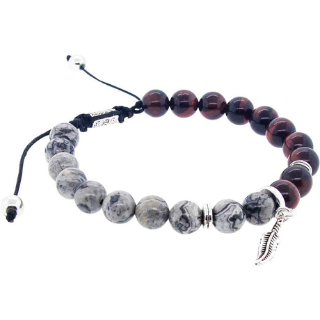 8 mm Adjustable Bracelet Round Beads - Red Tiger Eye & Jasper with Feather - Magick Magick.com