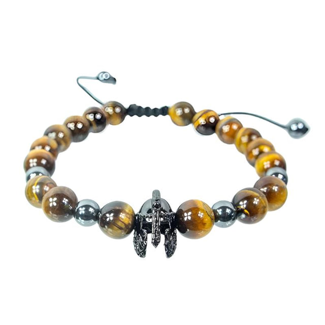 8 mm Adjustable Bracelet Round Beads - Tiger Eye & Hematite with Warrior Helmet - Magick Magick.com