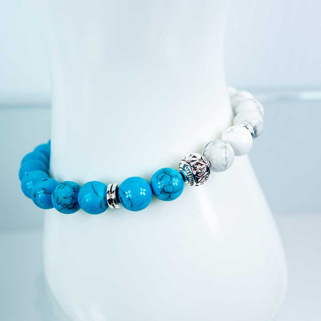 8 mm Adjustable Bracelet Round Beads - Turquoise & White Howlite with Silver Accent Beads - Magick Magick.com