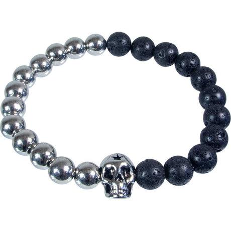 8 mm Elastic Bracelet Round Beads - Brass & Lava with Skull - Magick Magick.com