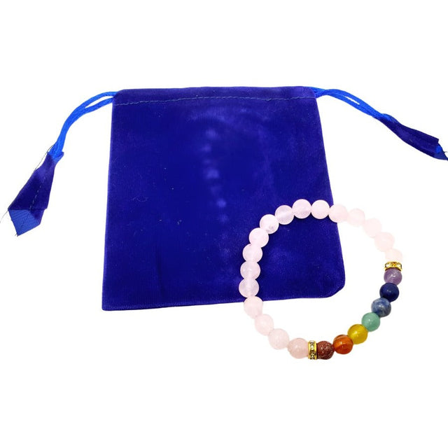 8 mm Elastic Bracelet Round Beads - Chakra & Rose Quartz in Velvet Bag - Magick Magick.com