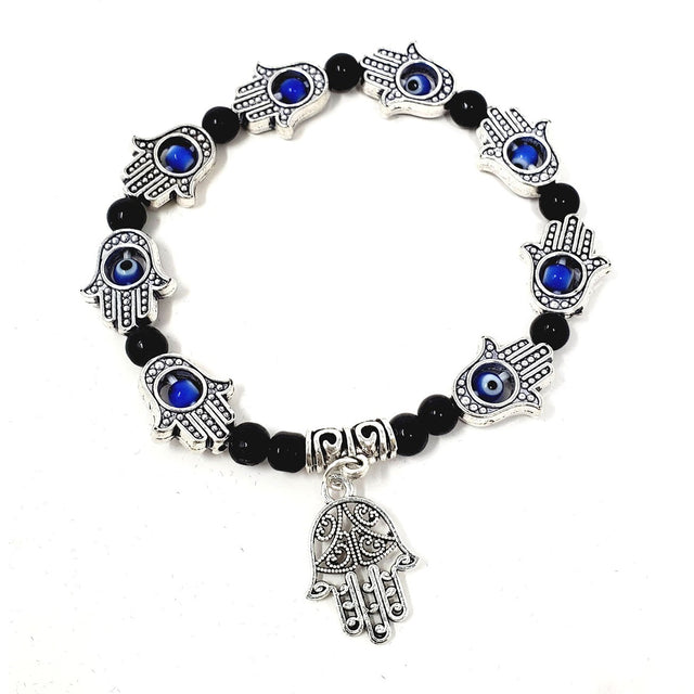 8 mm Elastic Bracelet Round Beads - Evil Eye with Hamsa Charms in Velvet Bag - Magick Magick.com