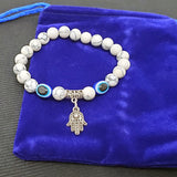 8 mm Elastic Bracelet Round Beads - Howlite with Evil Eye & Hamsa Hand in Velvet Bag - Magick Magick.com