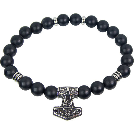 8 mm Elastic Bracelet Round Beads - Matte Black Agate with Viking Hammer - Magick Magick.com