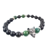 8 mm Elastic Bracelet Round Beads - Moss Agate & Matte Black Agate with Stainless Steel Wolf - Magick Magick.com