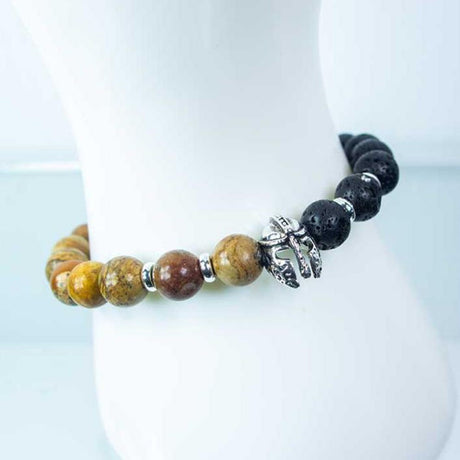 8 mm Elastic Bracelet Round Beads - Picture Jasper & Lava with Warrior Helmet - Magick Magick.com