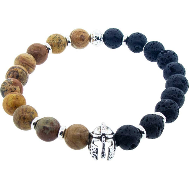 8 mm Elastic Bracelet Round Beads - Picture Jasper & Lava with Warrior Helmet - Magick Magick.com