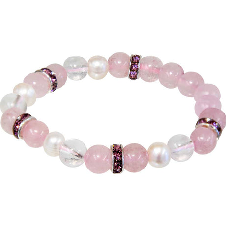 8 mm Elastic Bracelet Round Beads - Rose Quartz & Clear Quartz with Pearls - Magick Magick.com