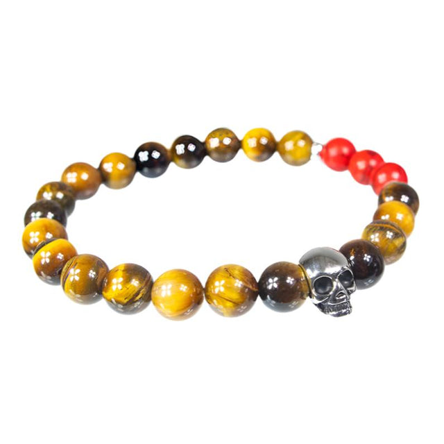 8 mm Elastic Bracelet Round Beads - Tiger Eye & Red Imperial Jasper with Stainless Steel Skull - Magick Magick.com