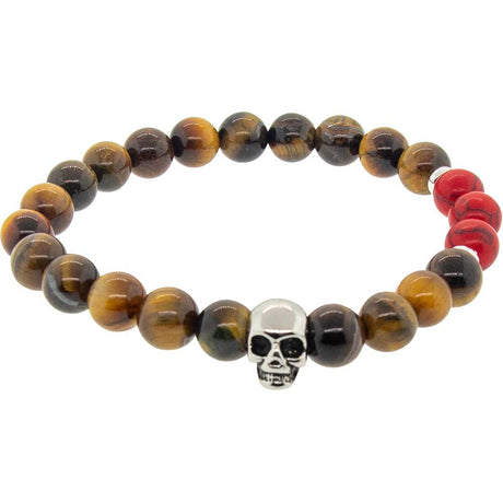 8 mm Elastic Bracelet Round Beads - Tiger Eye & Red Imperial Jasper with Stainless Steel Skull - Magick Magick.com