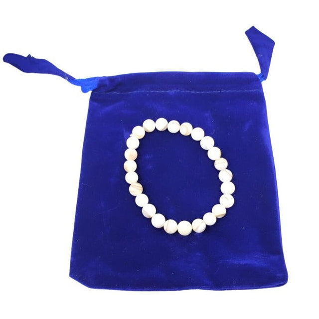 8 mm Elastic Bracelet Round Beads - White Mother of Pearl in Velvet Bag - Magick Magick.com